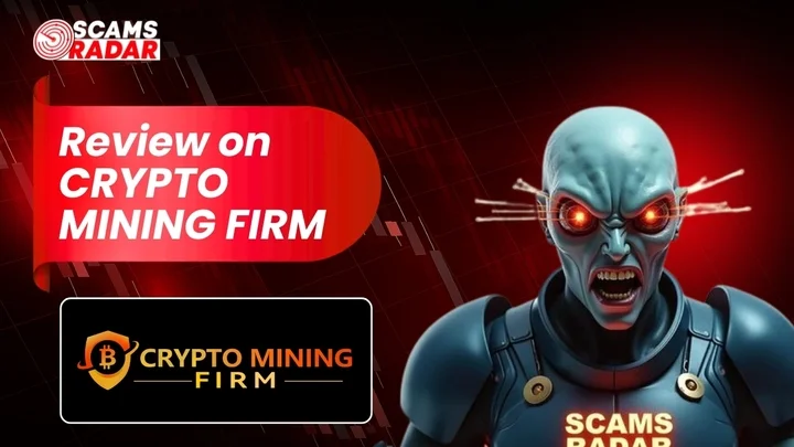 Review on Crypto Mining Firm by Scams Radar, featuring a futuristic character and the company logo.