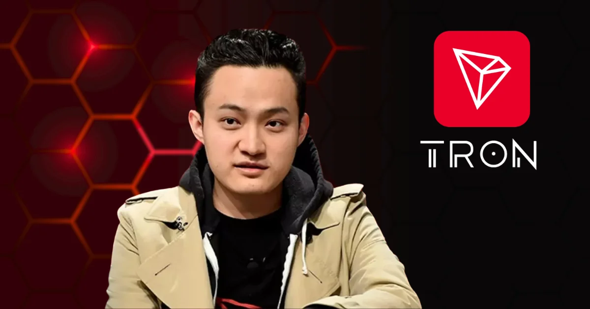 Image of Justin Sun, founder of TRON, with the TRON logo in the background.