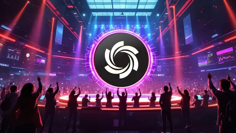 Ozak AI logo glowing on stage with crowd celebrating crypto bull run