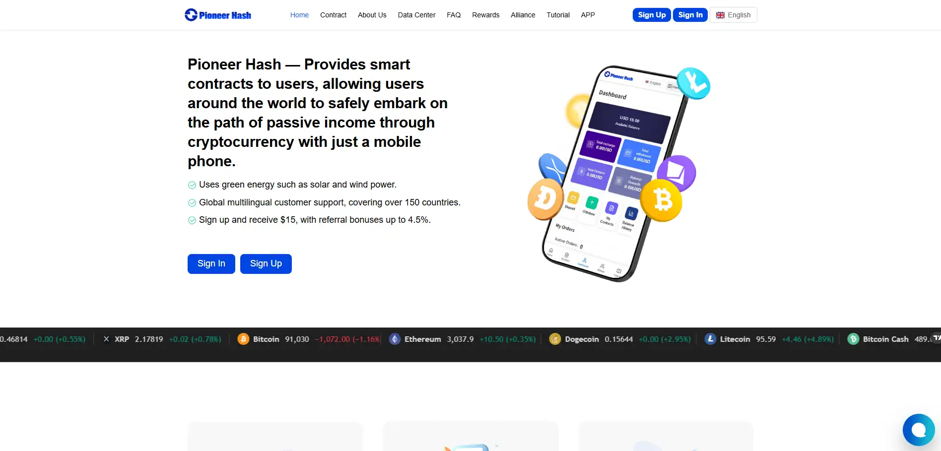 Pioneer Hash homepage showing passive income claims, mobile dashboard, and smart contract promotion