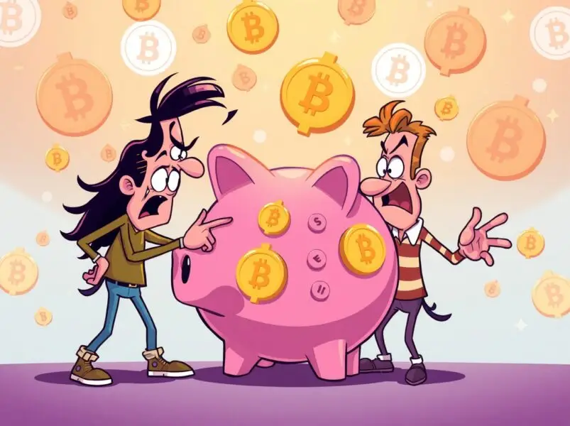 Cartoon showing two shocked people around a piggy bank with Bitcoin coins flying around, depicting Pump.fun USDC cash-out controversy