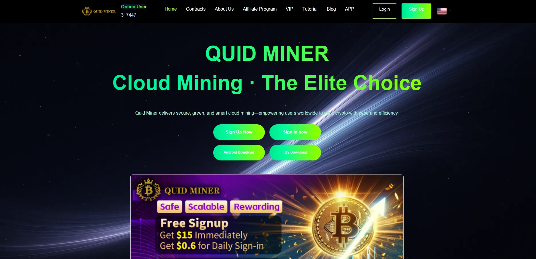 Quid Miner Review cloud mining platform homepage showing signup offers and promotional banner