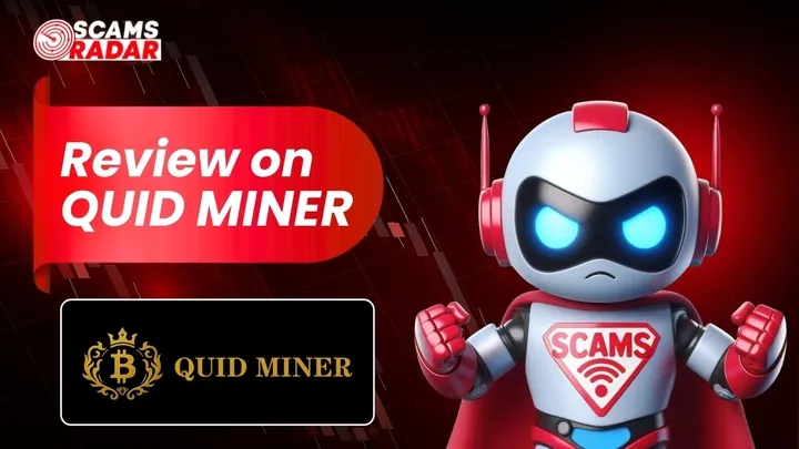 Scams Radar thumbnail showing Quid Miner review with mascot character and Quid Miner logo