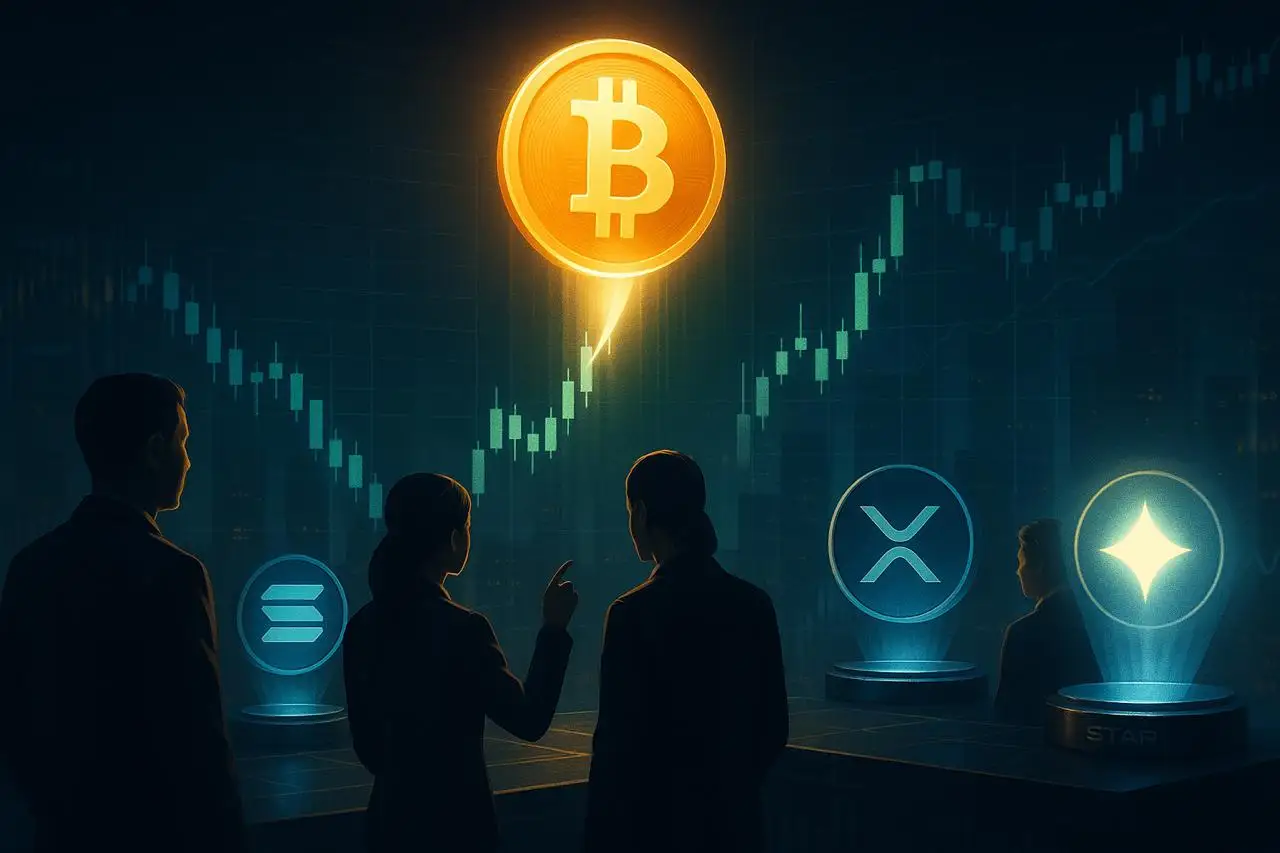 Digital illustration showing Bitcoin, XRP, and other crypto tokens with analysts reviewing charts, symbolizing the rise of Remittix as an XRP rival