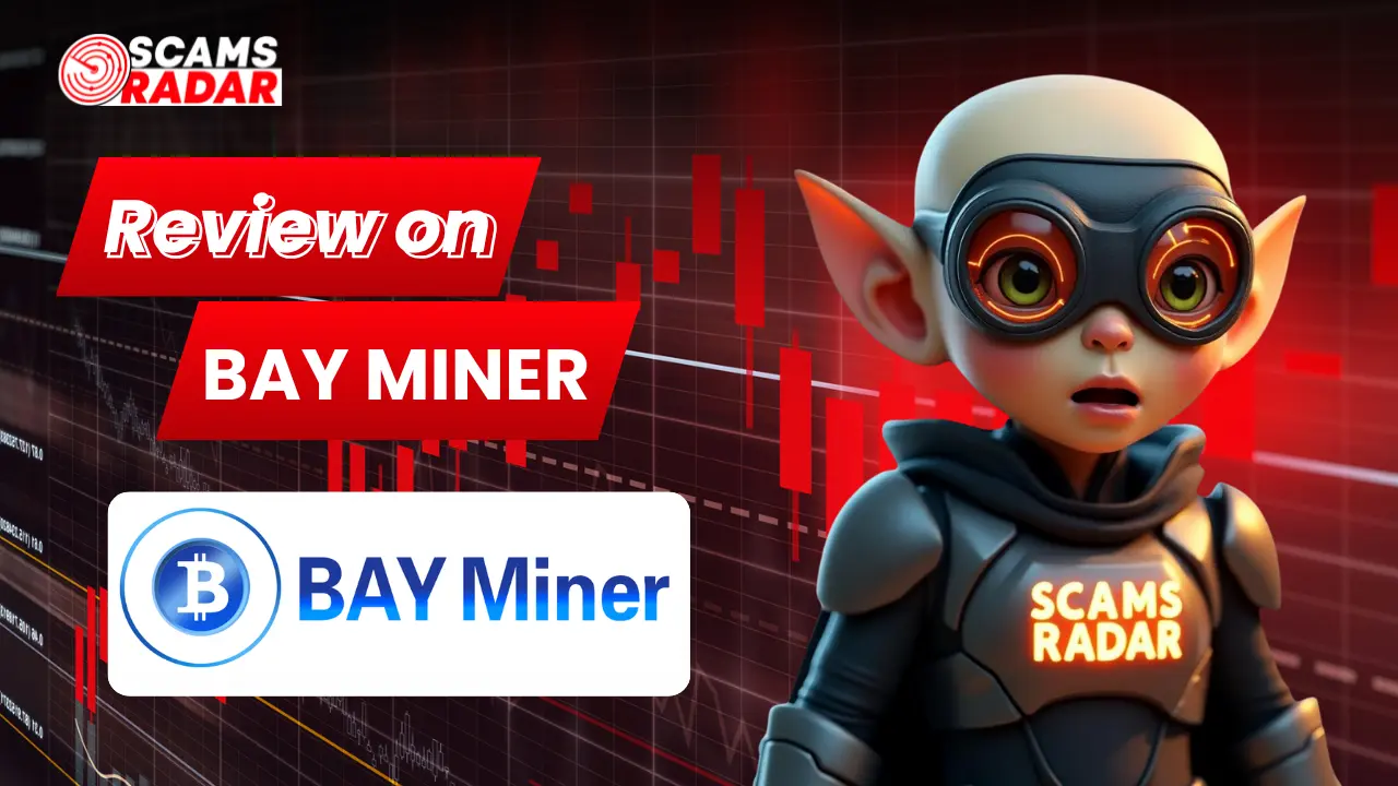 Scams Radar review banner for BAY Miner with futuristic character and red trading chart background