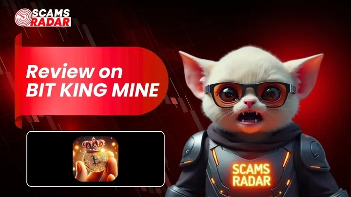 Scams Radar review banner for Bit King Mine with animated cat character wearing glasses and glowing logo