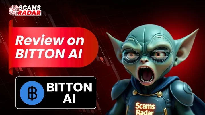 Scams Radar review cover for BitTON AI crypto platform with character illustration