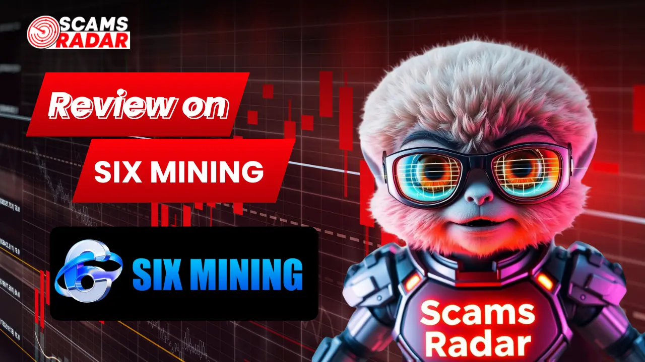 Scams Radar review banner for SIX MINING featuring futuristic character with glowing glasses and red background
