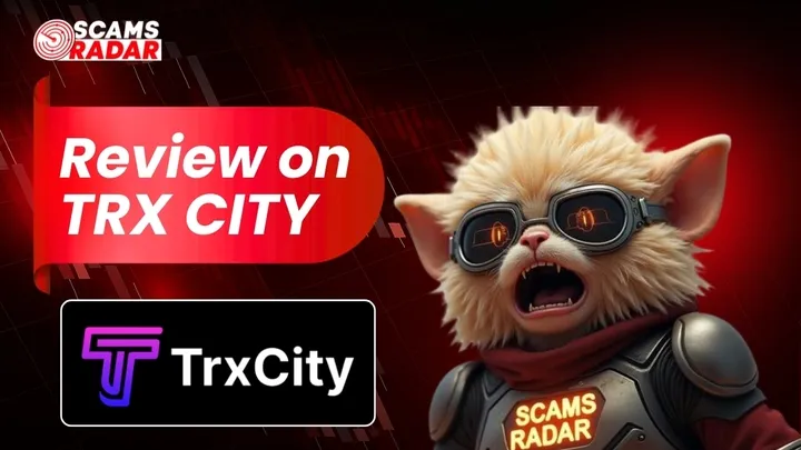 Scams Radar mascot reviewing TrxCity logo on red futuristic background
