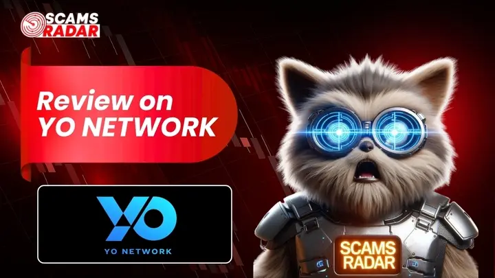 Scams Radar review banner for YO Network with futuristic raccoon character and glowing blue glasses