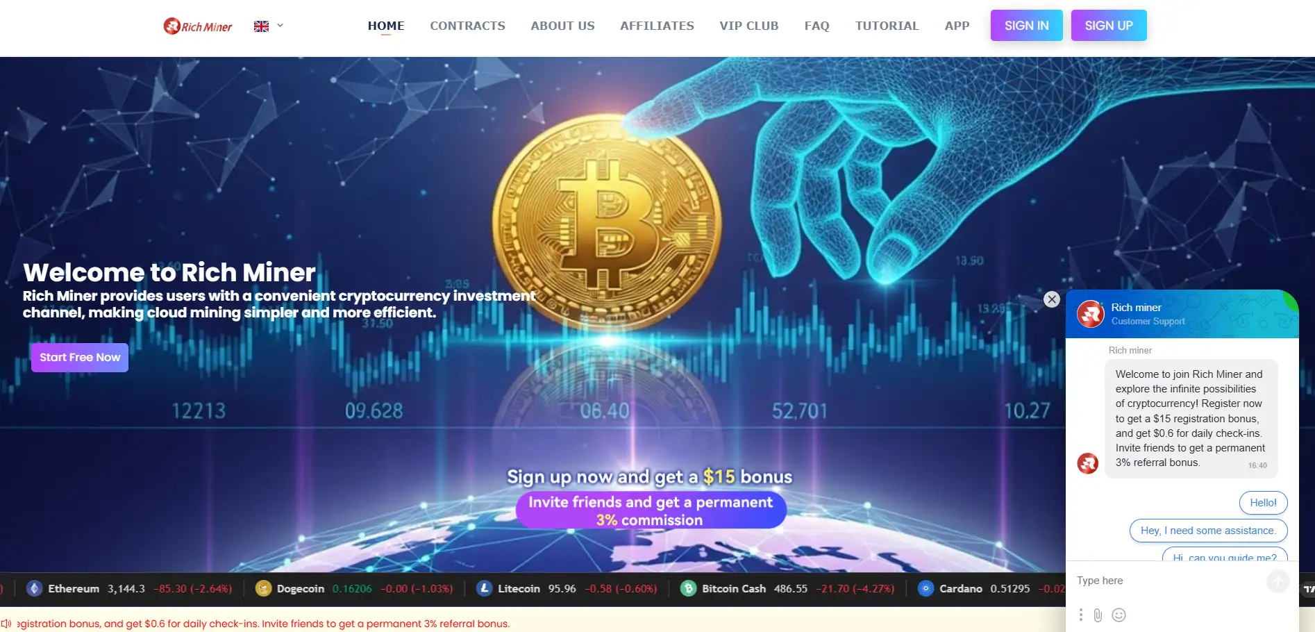 Screenshot of the Rich Miner website homepage showing Bitcoin graphics, crypto charts, and promotional signup bonuses