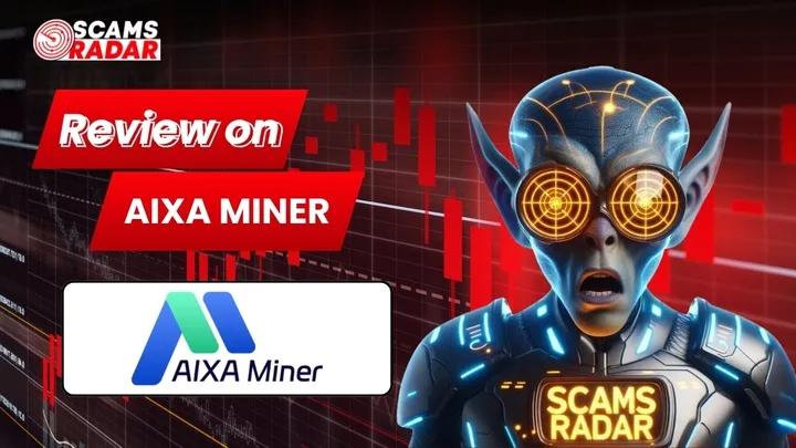 Scams Radar review on AIXA Miner with warning graphics and red market chart
