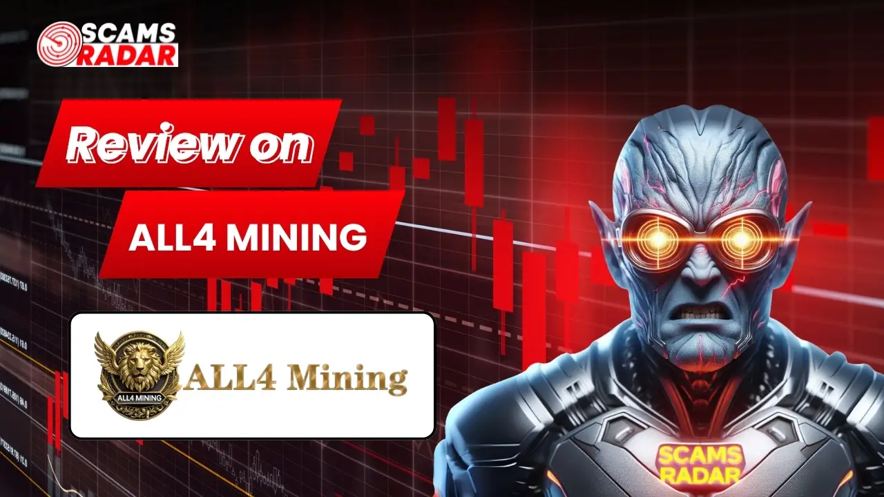 Scams Radar review on All4 Mining with futuristic character and trading chart background