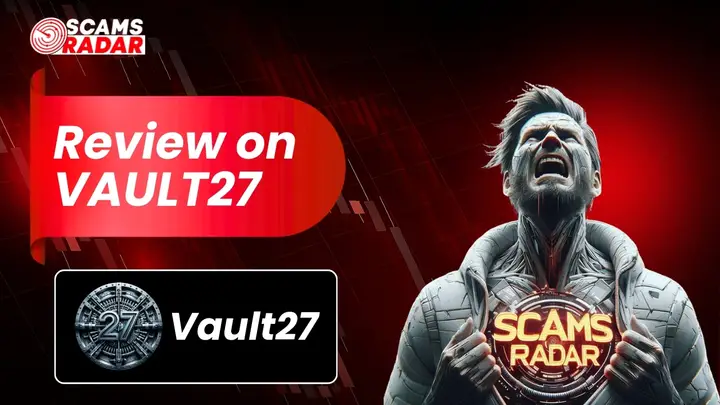 Scams Radar review on Vault27 with futuristic character and logo
