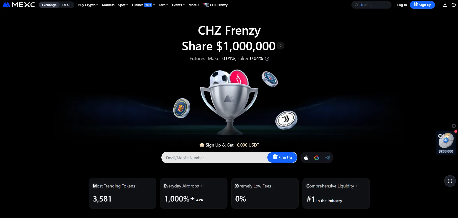 MEXC crypto trading platform with CHZ Frenzy event and sports team logos