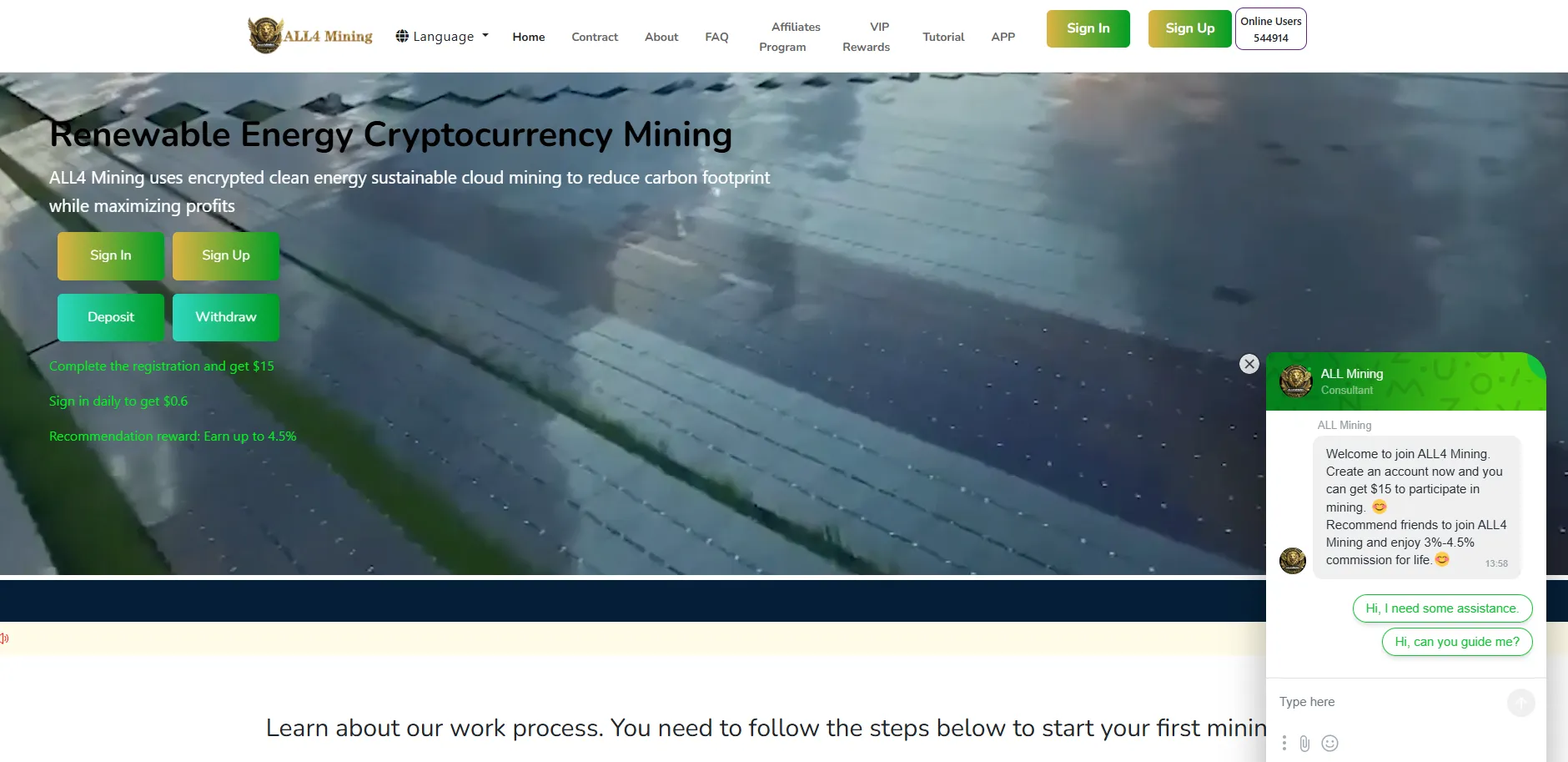 ALL4 Mining platform offering sustainable cloud mining with renewable energy