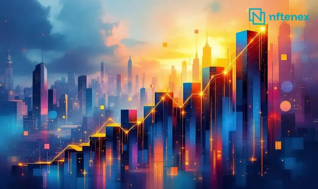 Colorful futuristic city skyline with a glowing upward financial chart representing massive revenue growth and blockchain strategy success