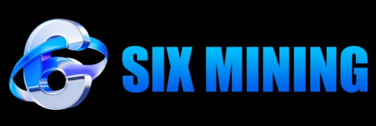 SIX MINING logo with metallic blue design and futuristic gradient text on black background