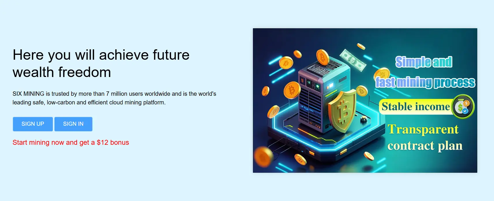 SIX MINING website banner showing cloud mining platform with Bitcoin graphics and signup bonus offer