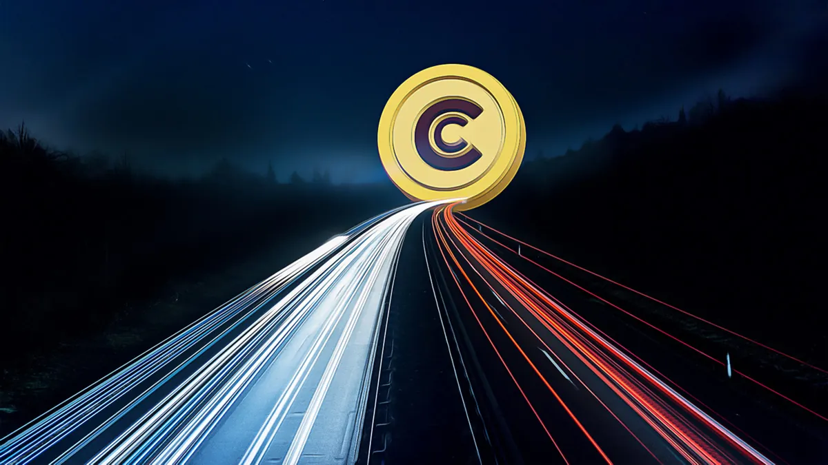 Digital coin graphic on a highway with light trails symbolizing fast Solana ETF launch momentum and rising altcoin activity