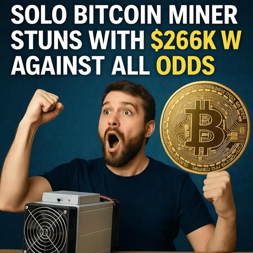 Excited man holding a Bitcoin symbol after a solo bitcoin miner win