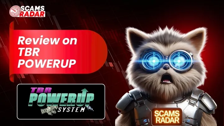 Review on TBR PowerUp System by Scams Radar showing futuristic character and logo