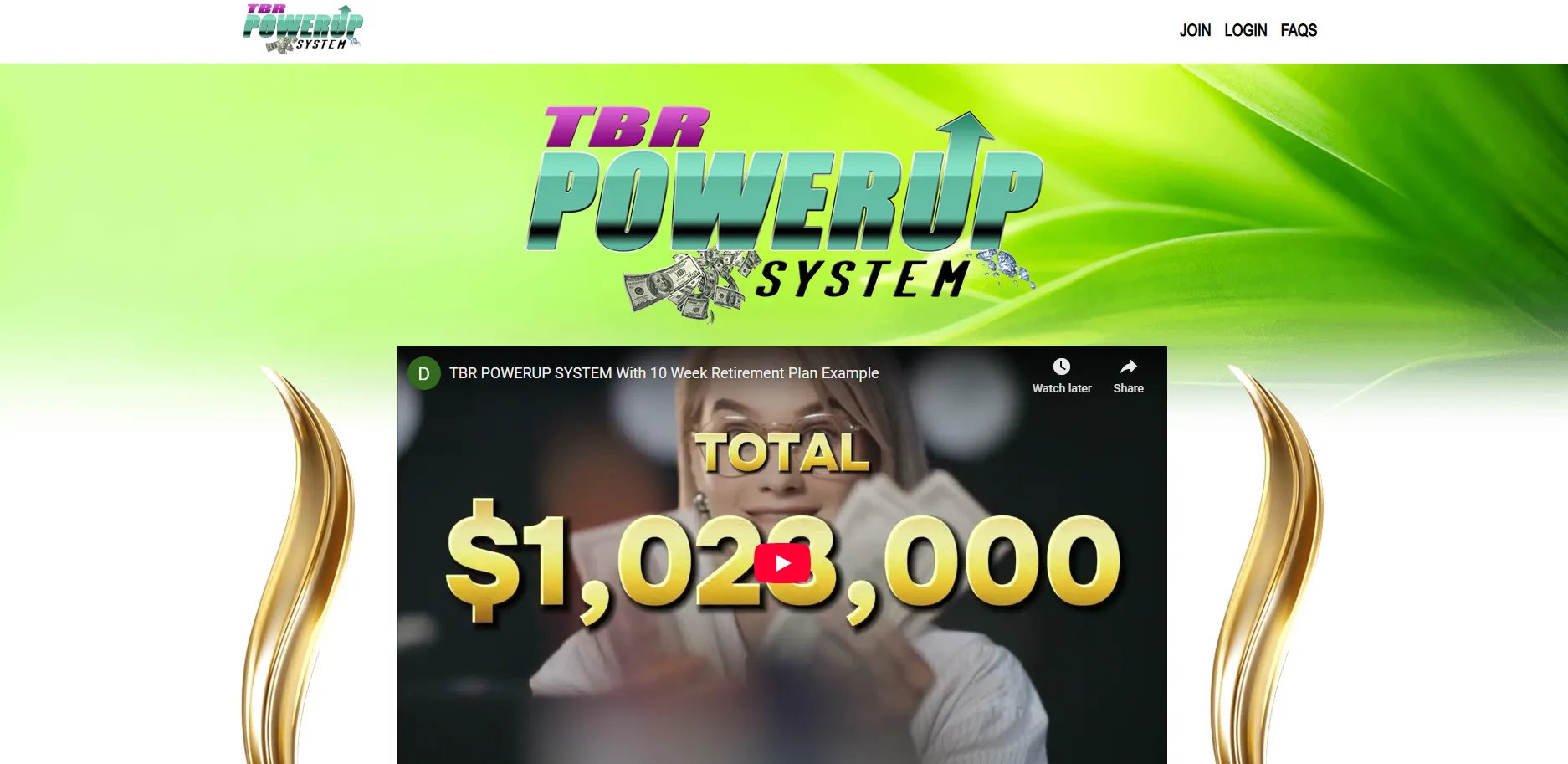 Screenshot of the TBR PowerUp System website showing banner and promotional video