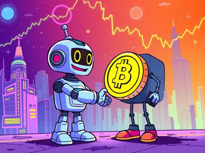 Robot shaking hands with a Bitcoin character in a futuristic crypto city background