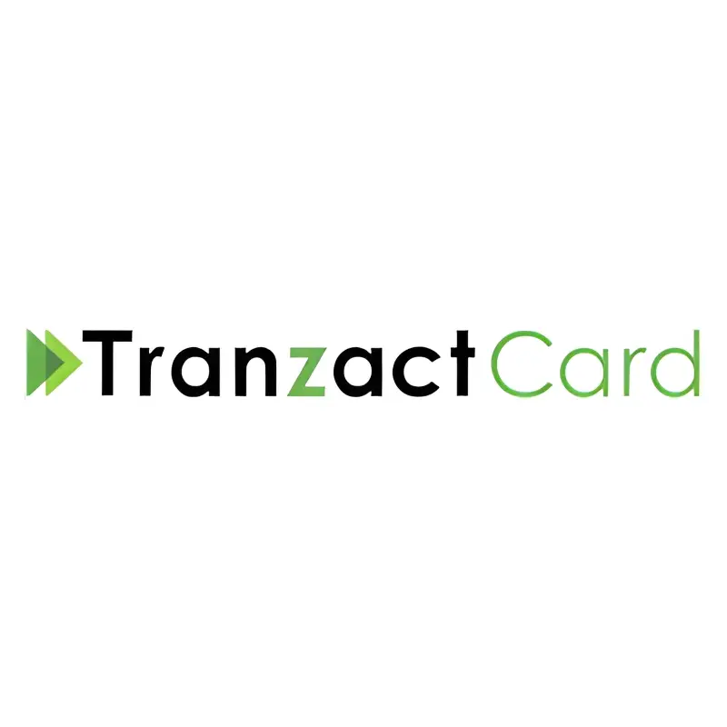 TranzactCard logo in black and green text with icon