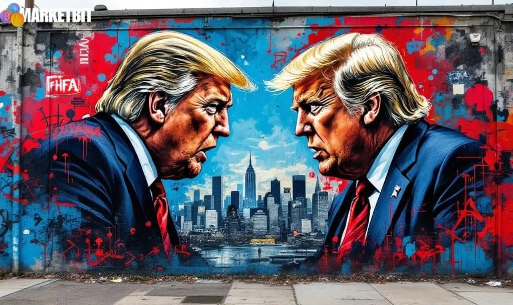 Artistic mural showing Donald Trump in a face to face stance, symbolizing debate over FHFA 50 year mortgage proposal