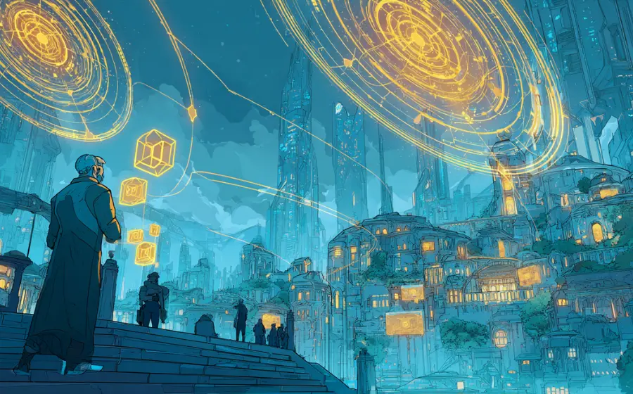 Futuristic decentralized city visualizing Intuition's TRUST Economy and programmable yield systems