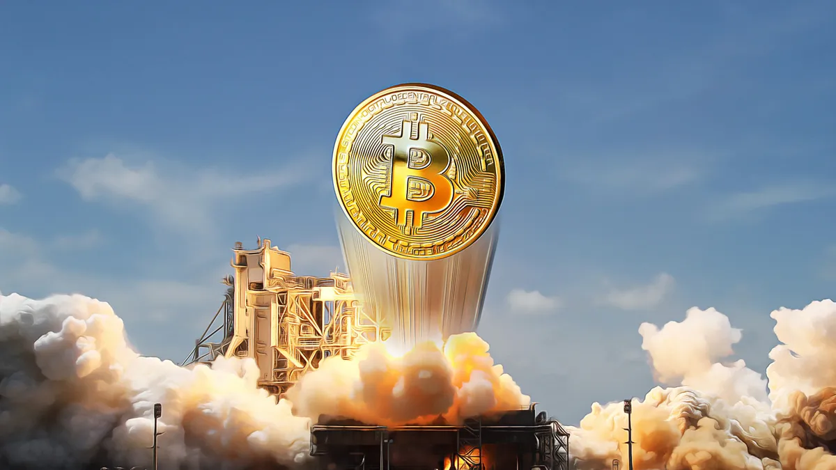 Bitcoin rocket launch symbolizing innovation and progress similar to breakthroughs in turning plastic waste into sustainable fuel.