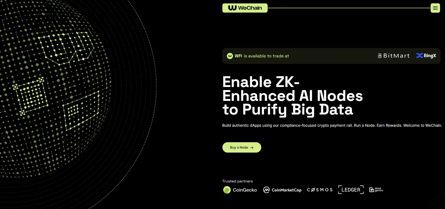 WeChain Review homepage showing ZK-enhanced AI nodes and big data features