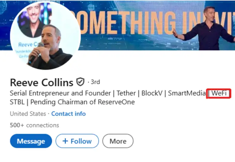 Reeve Collins LinkedIn profile showing his roles and association with WeFi connected to WeChain Review
