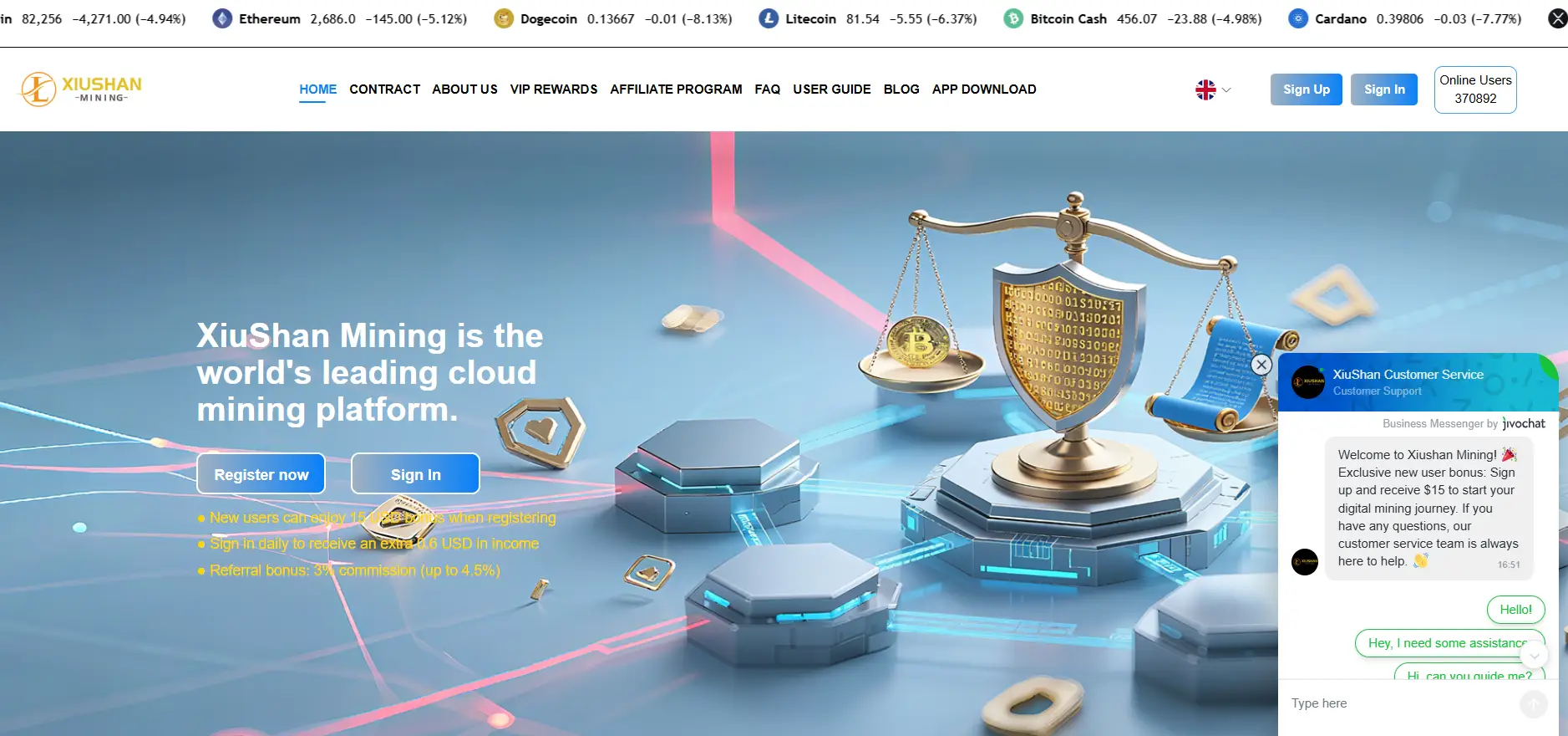 XiuShan Mining website homepage showing cloud mining claim, sign-up buttons, and digital mining graphics