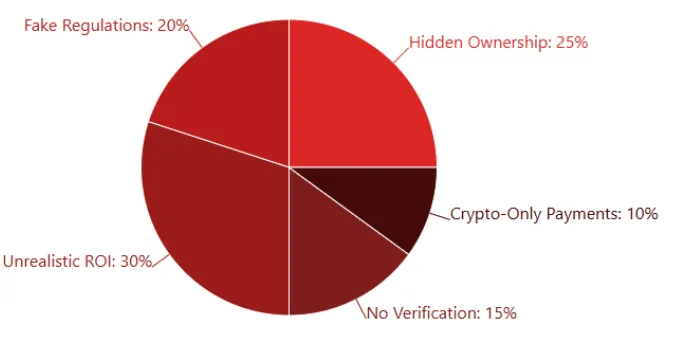 Pie chart showing the breakdown of scam factors in Xiushan Mining, including fake regulations, hidden ownership, and unrealistic ROI