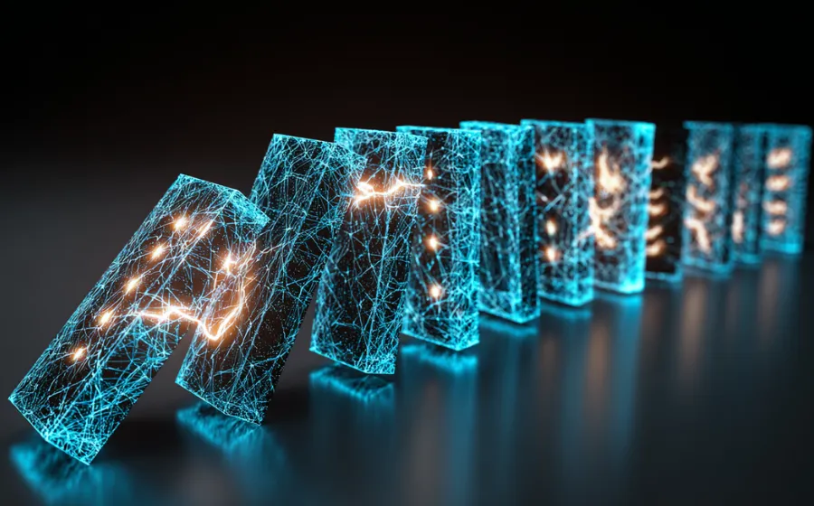 Digital network domino effect representing Yei Finance pause on the Sei Network and the interconnected risks in DeFi ecosystems.