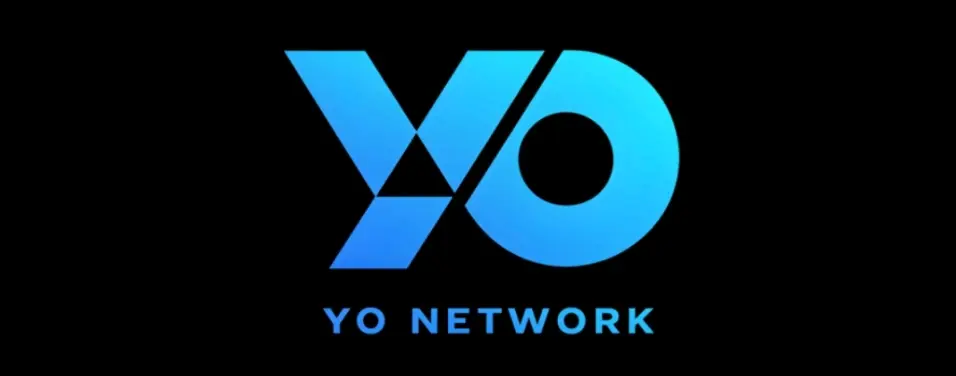 Blue gradient YO Network logo on black background representing blockchain brand identity