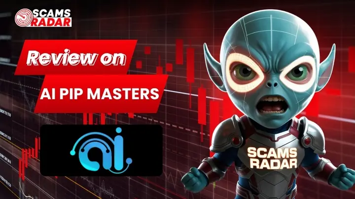AI PIP Masters scam review showing red market charts and Scams Radar warning character exposing AI trading fraud