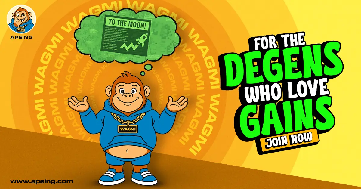 Apeing Crypto Pick banner showing WAGMI mascot promoting crypto gains for degens