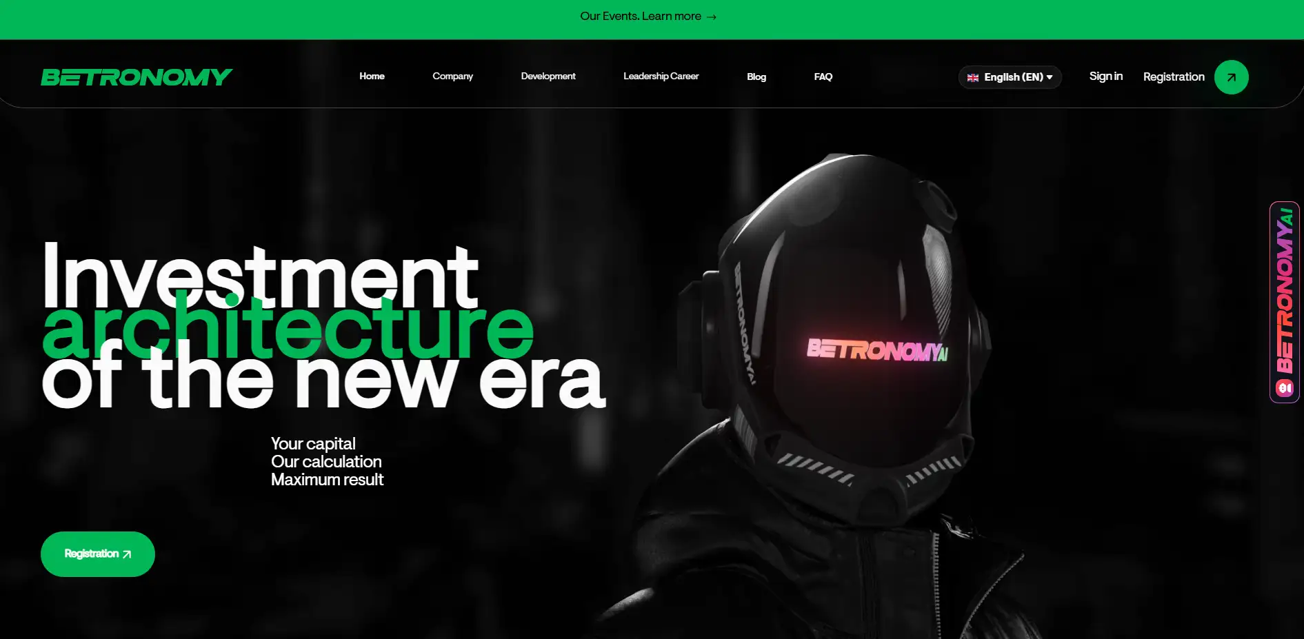 Betronomy investment architecture of the new era homepage with futuristic AI helmet graphics