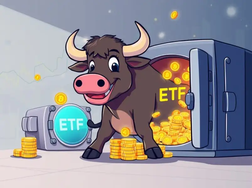 Cartoon bull with Bitcoin coins symbolizing rising Bitcoin ETF inflows and market optimism