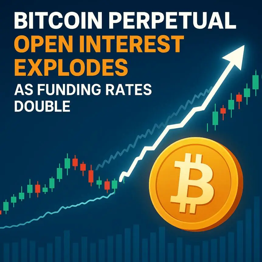 Bitcoin perpetual open interest surge shown with rising price chart and funding rates doubling