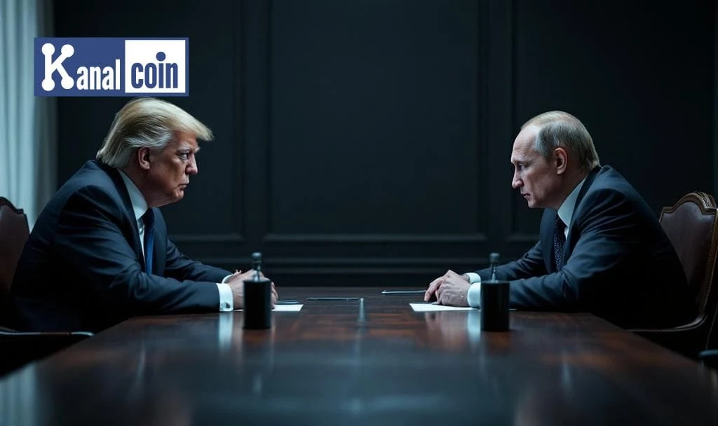 Donald Trump and Vladimir Putin in a tense meeting during geopolitical talks impacting Bitcoin markets