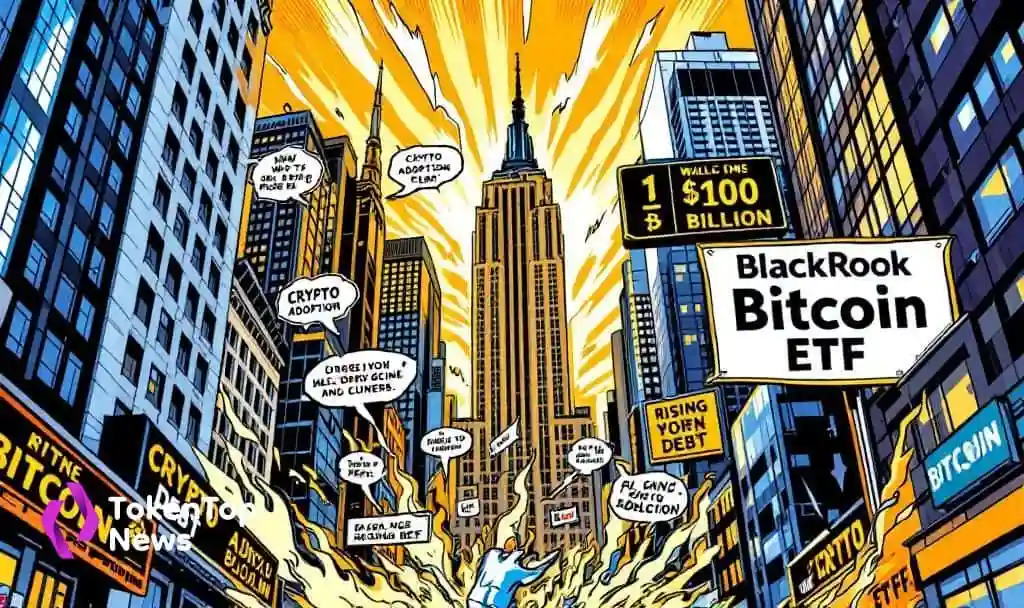 Illustration of BlackRock Bitcoin ETF adoption amid rising U.S. debt concerns with city buildings and crypto themed visuals, featuring focus keyword BlackRock Bitcoin ETF.