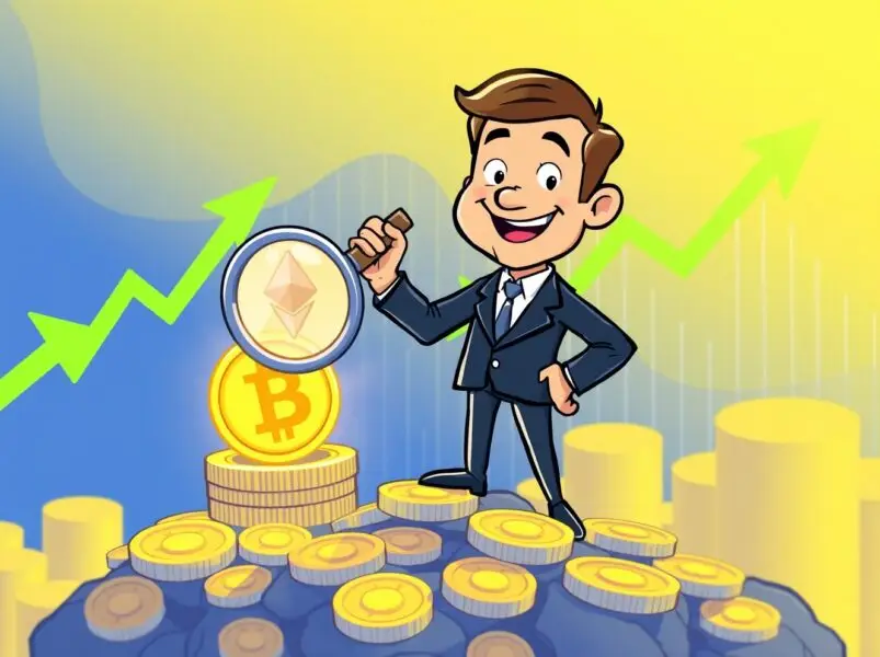 Cartoon of BugsCoin Founder Inbum analyzing Bitcoin and Ethereum with rising market chart