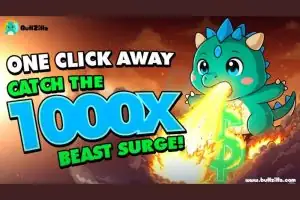 BullZilla meme coin promoting 1000x presale surge with cartoon dragon and fire background