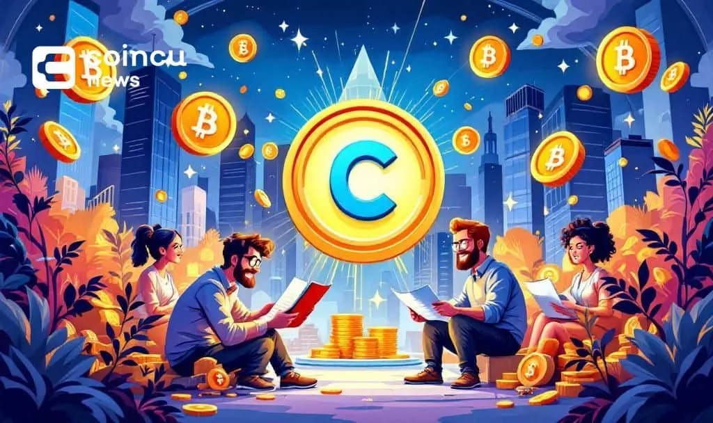 A vibrant city scene with people reading about cryptocurrency while surrounded by Bitcoin coins and a large crypto coin symbol.