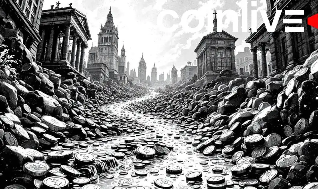 AI generated black and white artwork showing a river of cryptocurrency coins flowing through a futuristic city representing digital finance and crypto economy