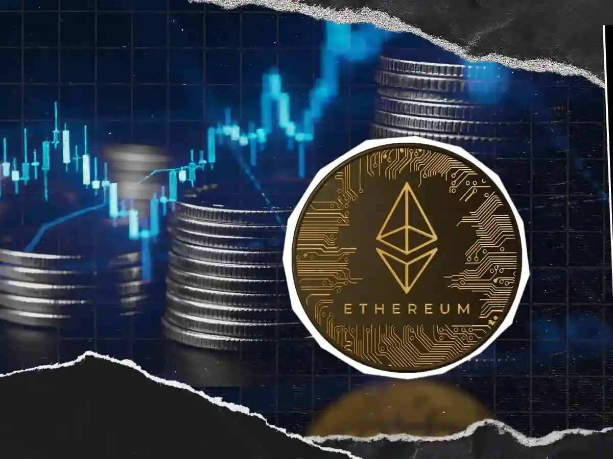 Ethereum coin with rising price chart in background representing ETH price surge above 3200.